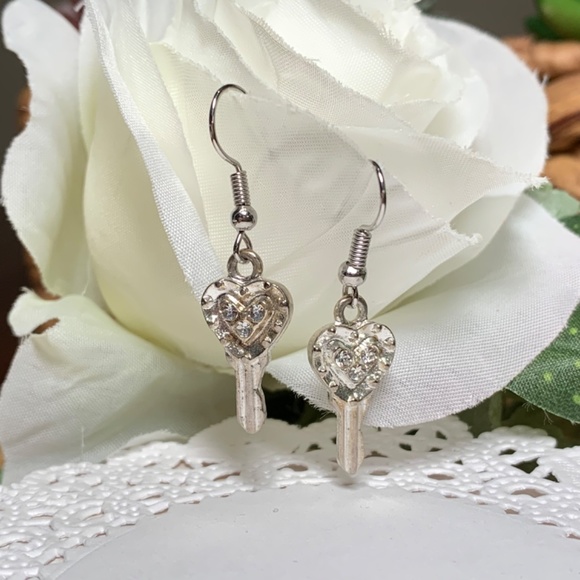 Aged Love Heart Key Earrings, with Crystal accents - Picture 5 of 7
